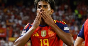 Lamine Yamal celebrating his goal during the match against Croatia in Seville.