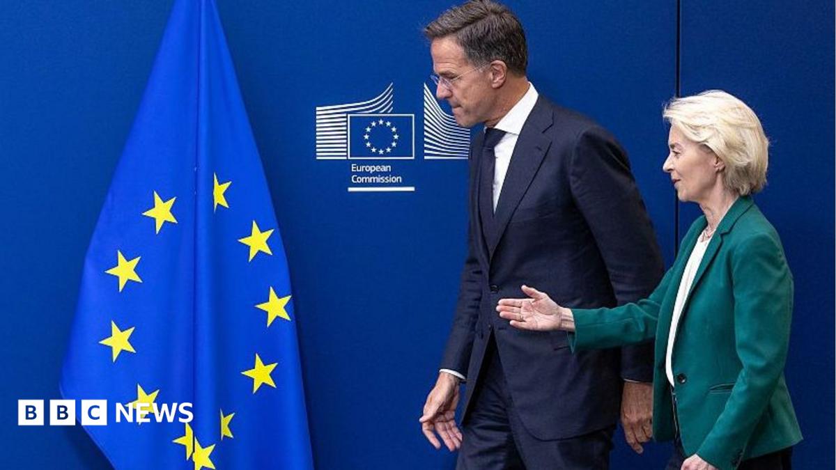 European Commission President Ursula von der Leyen and NATO Secretary General Mark Rutte at a press conference, discussing Russia's increasing recklessness in attacks on Europe, with text about Leipzig drone attack.