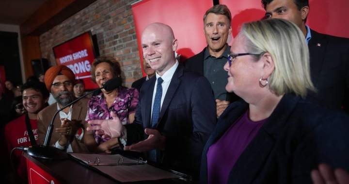 Braeden Caley, Liberal candidate, celebrating his byelection victory in North Vancouver-Capilano.