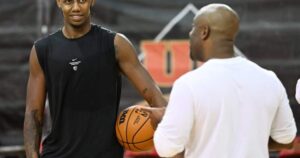 RJ Barrett speaking at Toronto Raptors media day about his contract status
