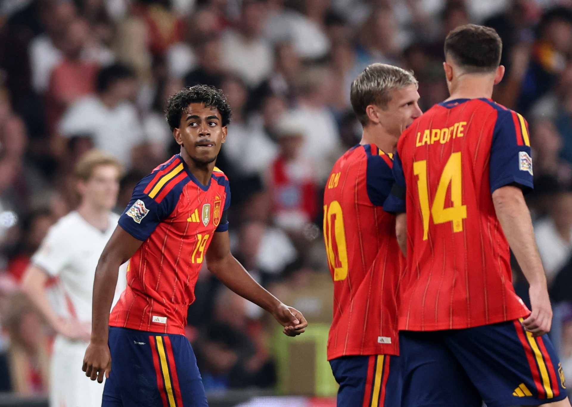 Lamine Yamal celebrating his goal against England during the Nations League match at Wembley.