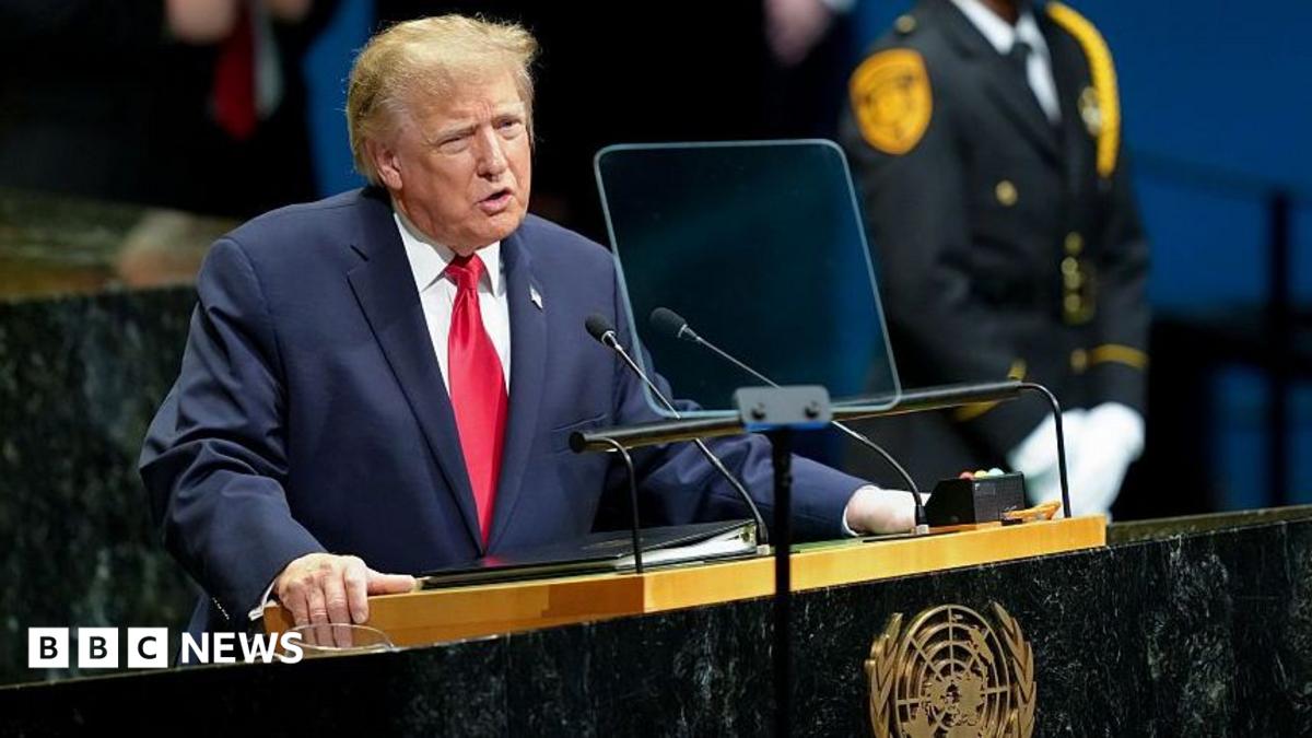 President Donald Trump delivering his speech at the UN General Assembly regarding Iran and international policy.