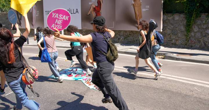 Image of people running from police during an LGBTQ Pride march in Istanbul, Turkey.