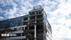 Damaged business center in Kyiv following a Russian drone strike on digital infrastructure.