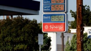 Gas and diesel prices on display at a fuel station in the United States.