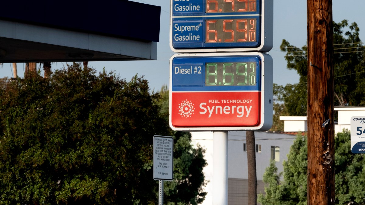 Gas and diesel prices on display at a fuel station in the United States.