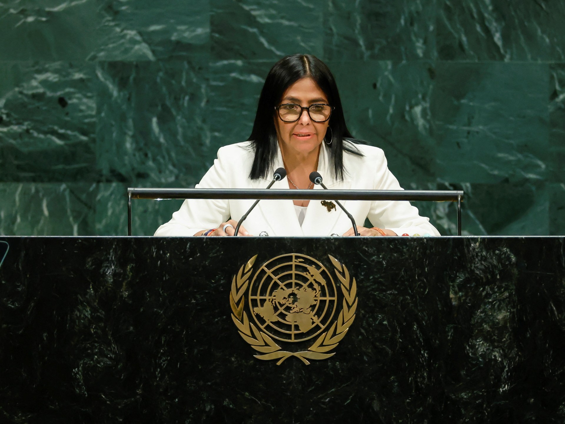 Interim President Delcy Rodriguez addresses the UN regarding future elections in Venezuela.