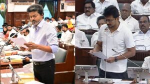 Tamil Nadu CM Vijay confronts DMK over law and order in the Assembly.