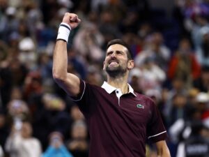Novak Djokovic celebrating his victory at the China Open quarterfinal match against Alexander Zverev.
