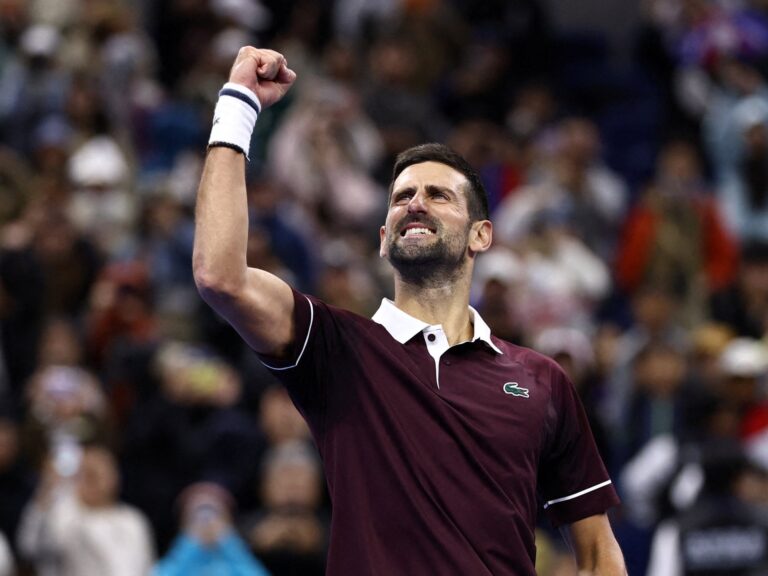 Novak Djokovic celebrating his victory at the China Open quarterfinal match against Alexander Zverev.