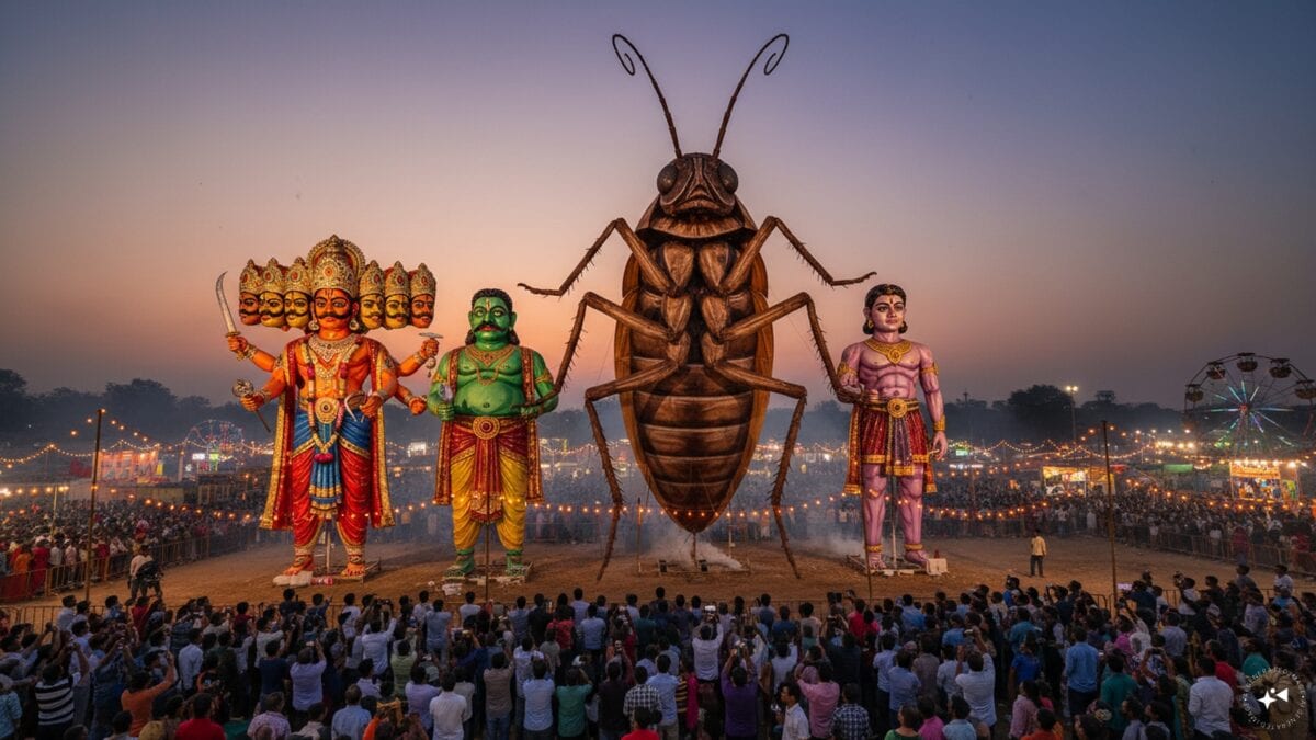 Value: A massive 30-foot cockroach effigy being prepared for the Delhi Dussehra festival to promote cleanliness.