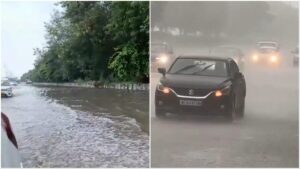 Value: Aerial and ground view of traffic chaos and waterlogged streets in Delhi-NCR during a severe rain event.
