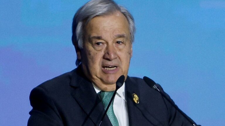 UN Secretary-General Antonio Guterres discussing the relevance of Mahatma Gandhi in modern global politics.