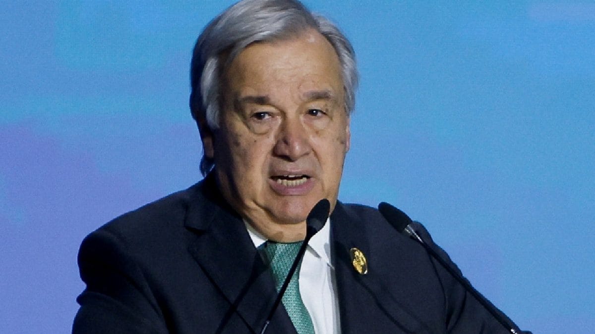 UN Secretary-General Antonio Guterres discussing the relevance of Mahatma Gandhi in modern global politics.