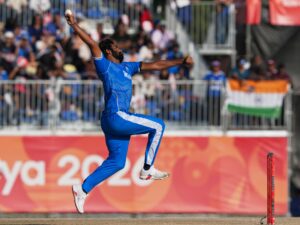 Jasprit Bumrah bowling during the high-stakes India vs Pakistan cricket final at the Asian Games.
