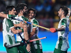 Action shot of the India vs Pakistan hockey semifinal at the Asian Games