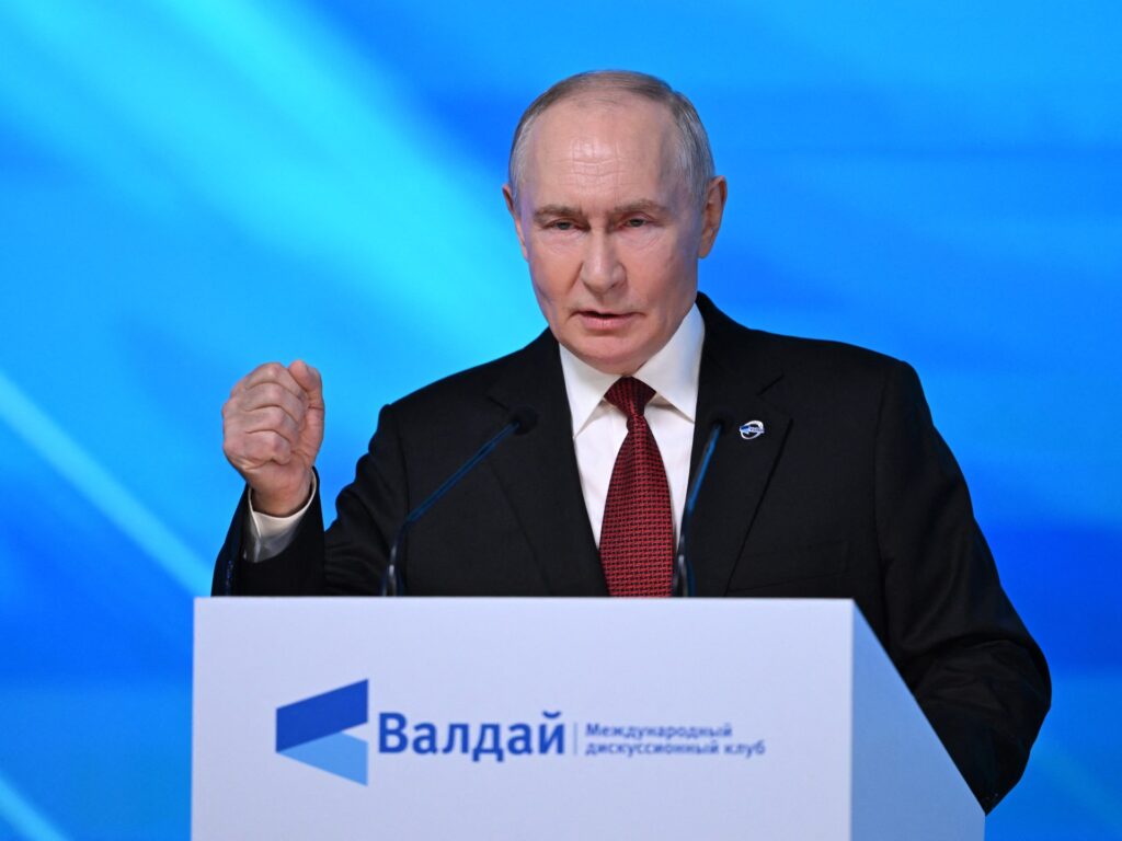 Russian President Vladimir Putin speaking at the Valdai Discussion Club in Moscow regarding the war in Ukraine.