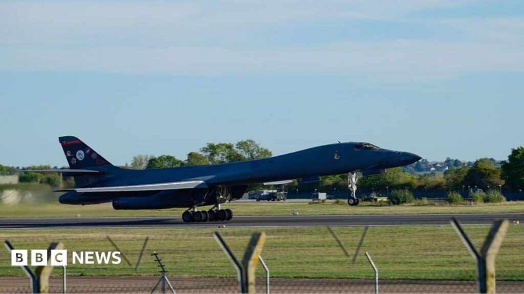 A B-1 Lancer aircraft departing RAF Fairford following the reported security incident.