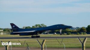 A B-1 Lancer aircraft departing RAF Fairford following the reported security incident.