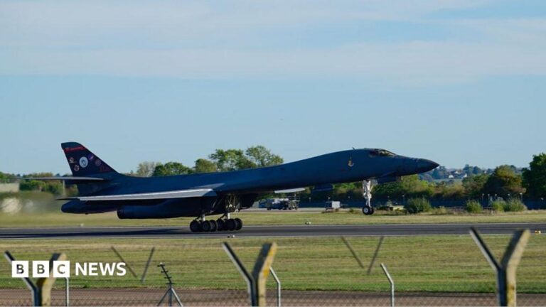A B-1 Lancer aircraft departing RAF Fairford following the reported security incident.