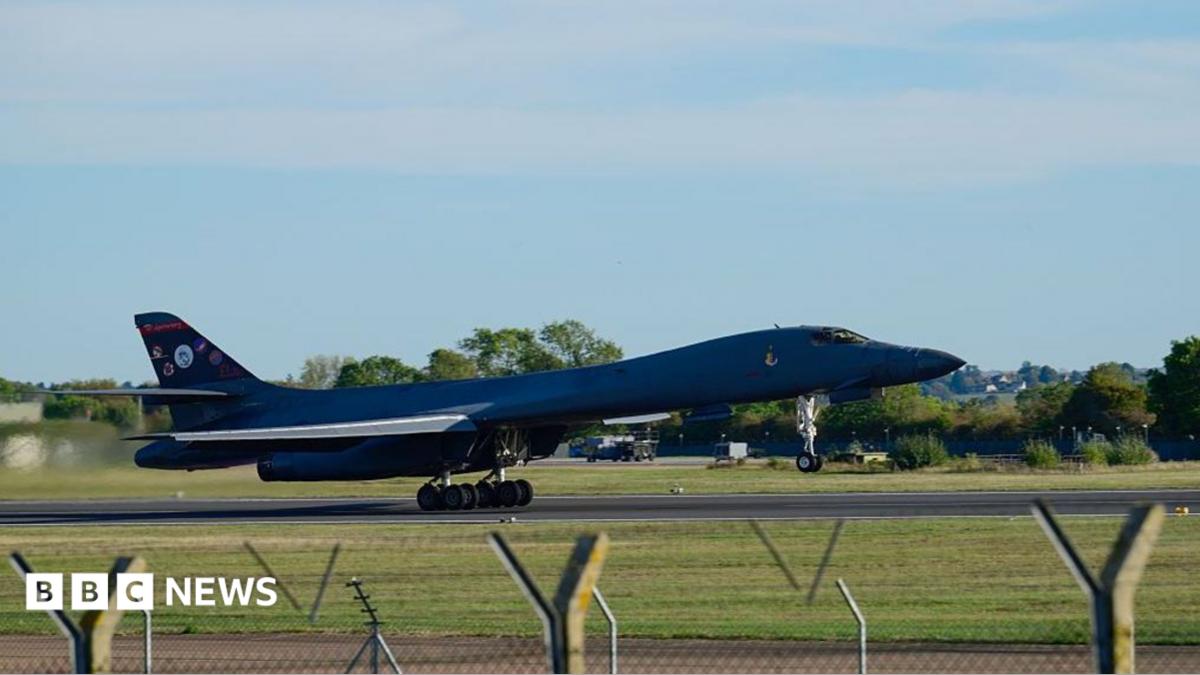 A B-1 Lancer aircraft departing RAF Fairford following the reported security incident.