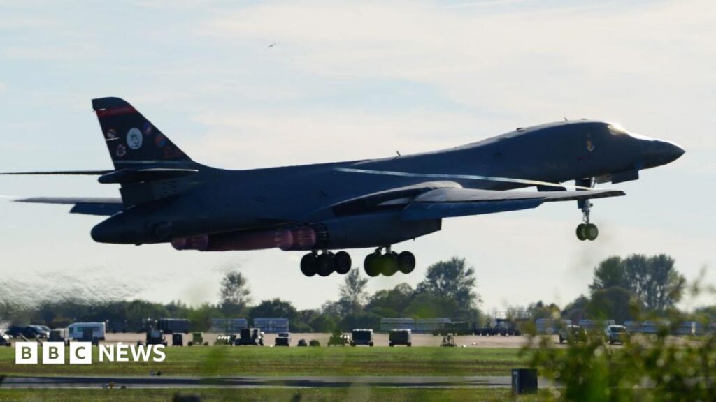 A B-1 Lancer departing RAF Fairford amid heightened security concerns.