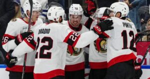 Thomas Chabot celebrating with the Ottawa Senators following their hard-fought win against the Maple Leafs.