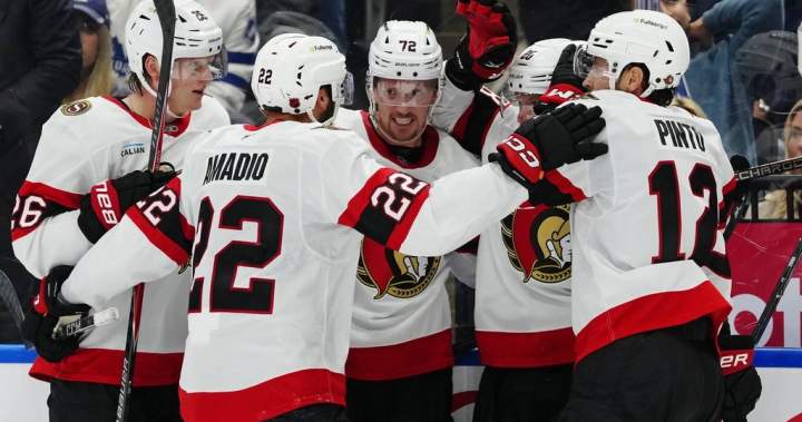 Thomas Chabot celebrating with the Ottawa Senators following their hard-fought win against the Maple Leafs.