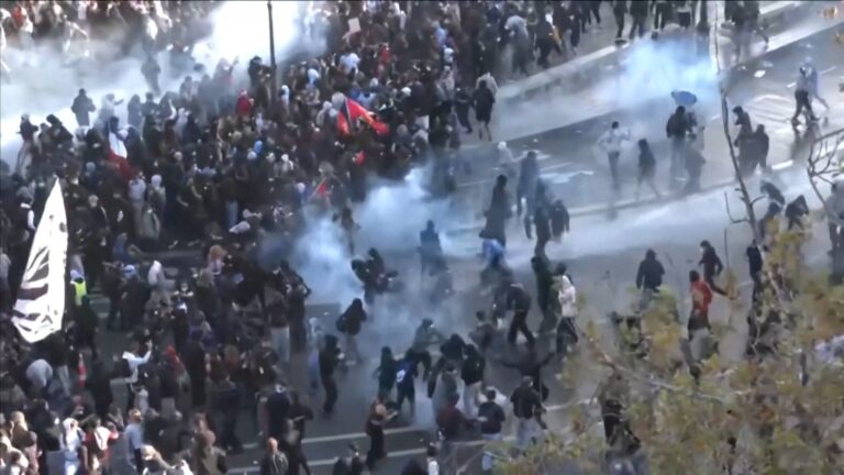 Value: Demonstrators engaged in student protests in Paris facing off against police forces.