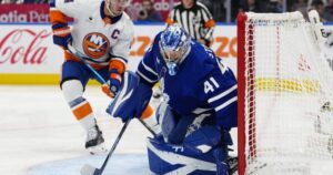 The Toronto Maple Leafs celebrating a 2-1 victory over the New York Islanders at home.