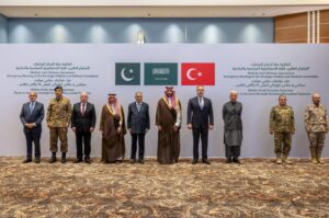 Military vehicles and regional forces gather in Saudi Arabia as part of a new security agreement between Turkiye, Pakistan, and the Kingdom.