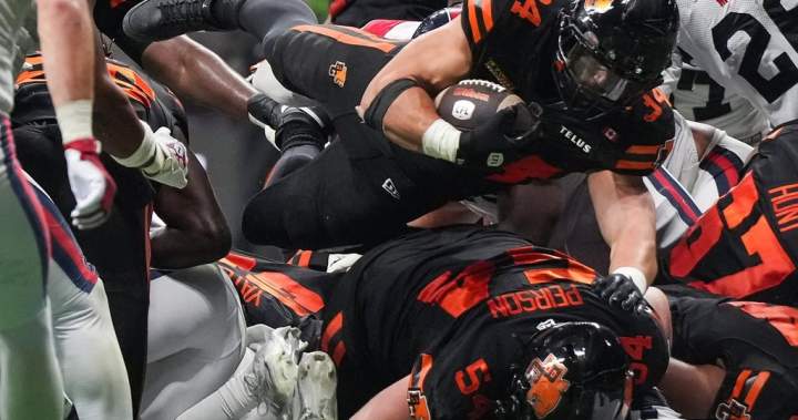 Zander Horvath in action for the B.C. Lions during a CFL game.